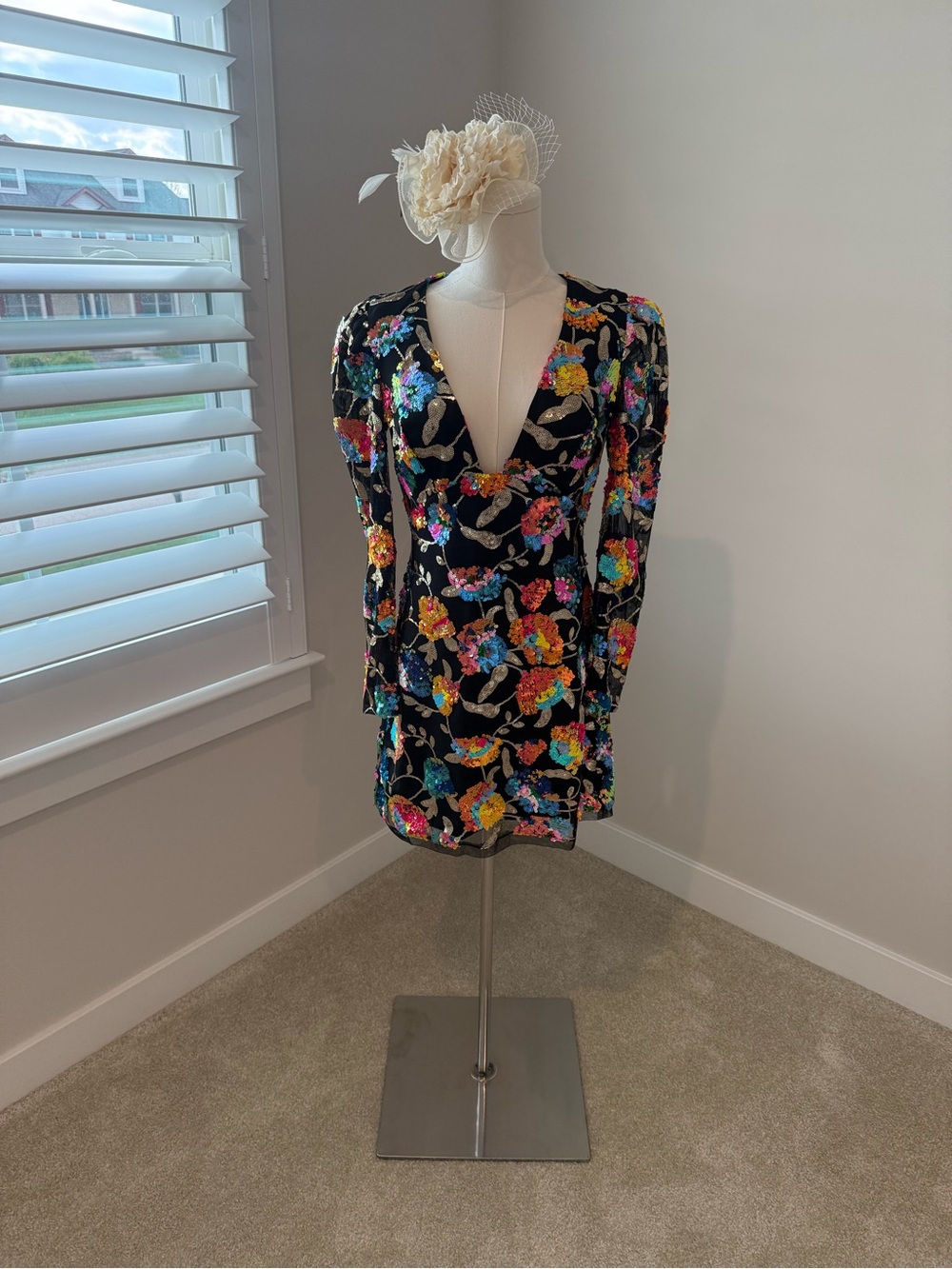 Black Sequin Floral V-Neck Long Sleeve Mini Dress - Picture 3 of 8
